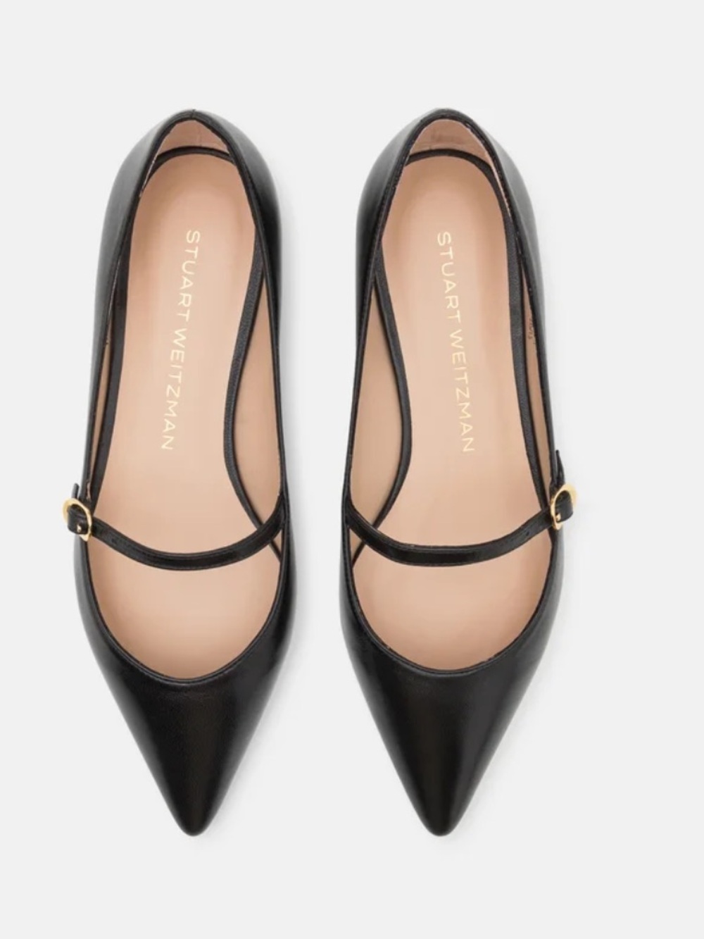 Stuart Weitzman Pointed Mary Jane Flats in Black with Gold Buckle